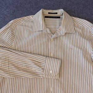 Sean John Mens Tailored Fit Striped Long Sleeve Button Down Shirt Tan White M